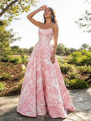 Strapless Tulle Sleeveless Floral Print A Line Prom Dresses