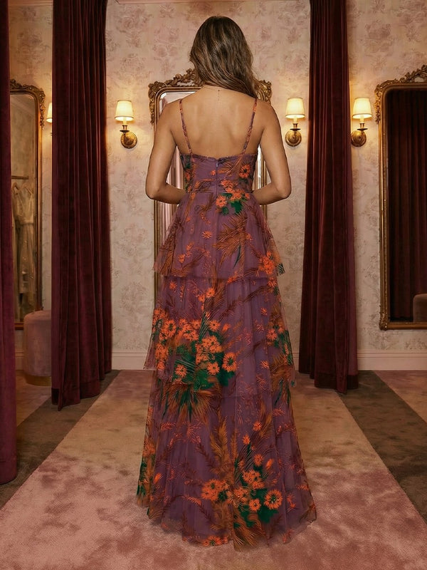 Spaghetti Straps Tulle V Neck Tiered Floral Print A Line Prom Dresses