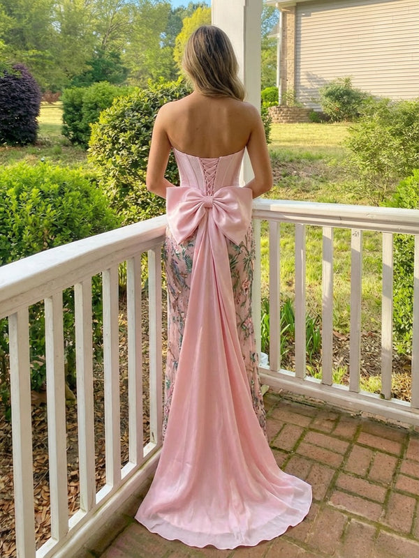 Satin Lace Appliques Drop Waist Mermaid Sparkly Prom Dresses with Slit