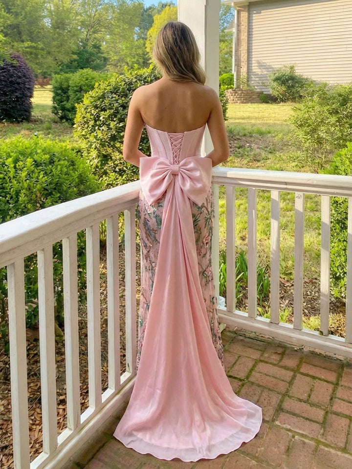 Satin Lace Appliques Drop Waist Mermaid Sparkly Prom Dresses with Slit