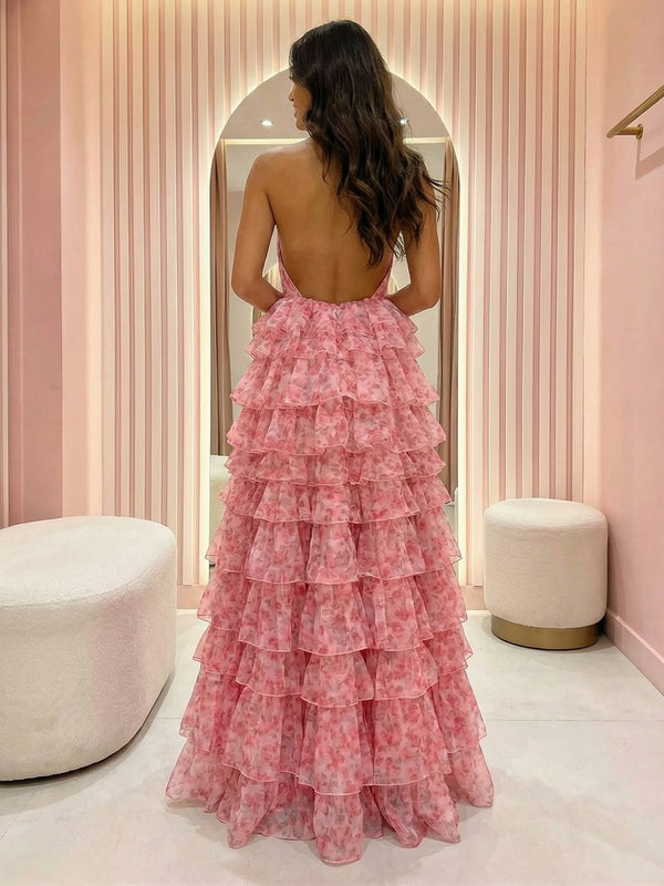 Tulle V Neck Tiered Floral Print A Line Prom Dresses