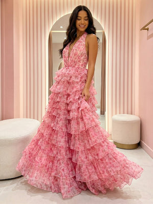 Tulle V Neck Tiered Floral Print A Line Prom Dresses