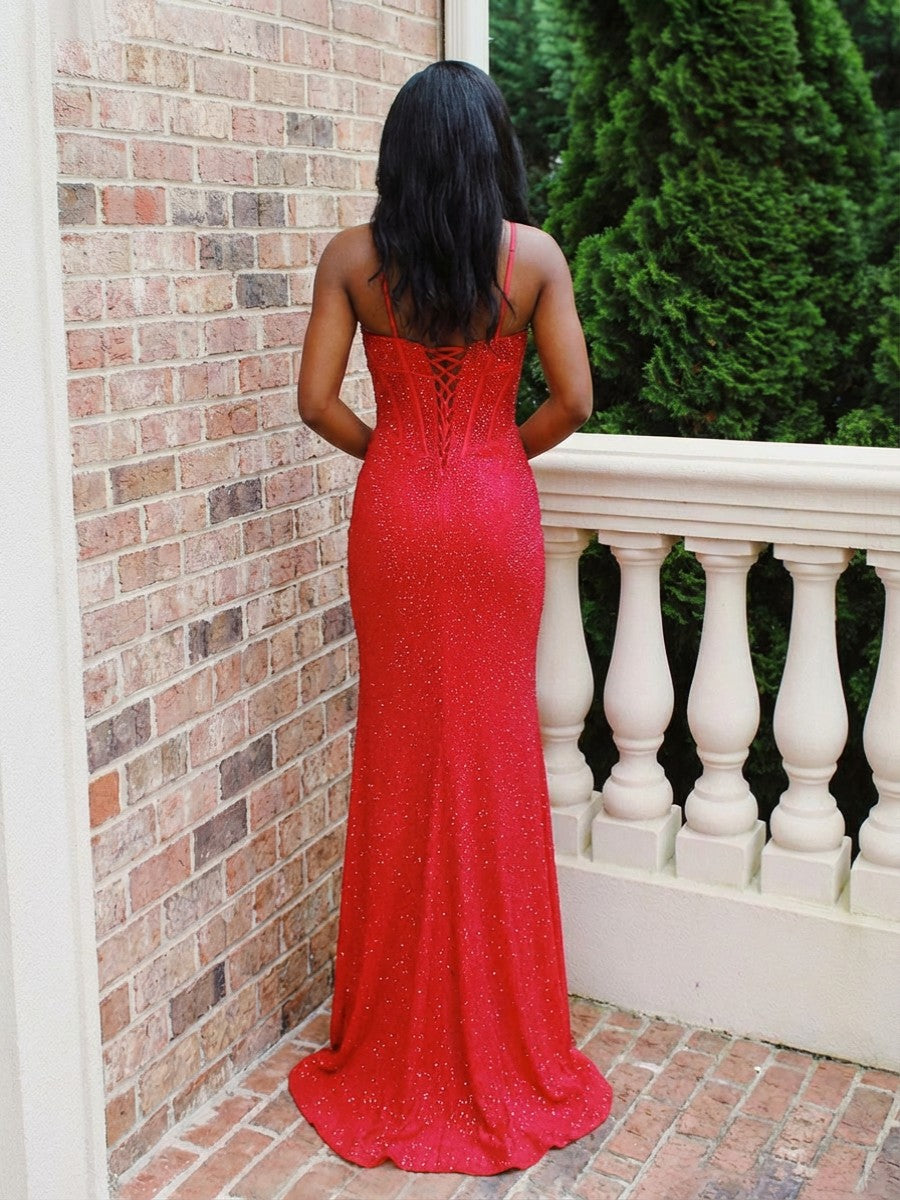 Sequin Spaghetti Straps Pleated Mermaid Sparkly Prom Dresses with Slit