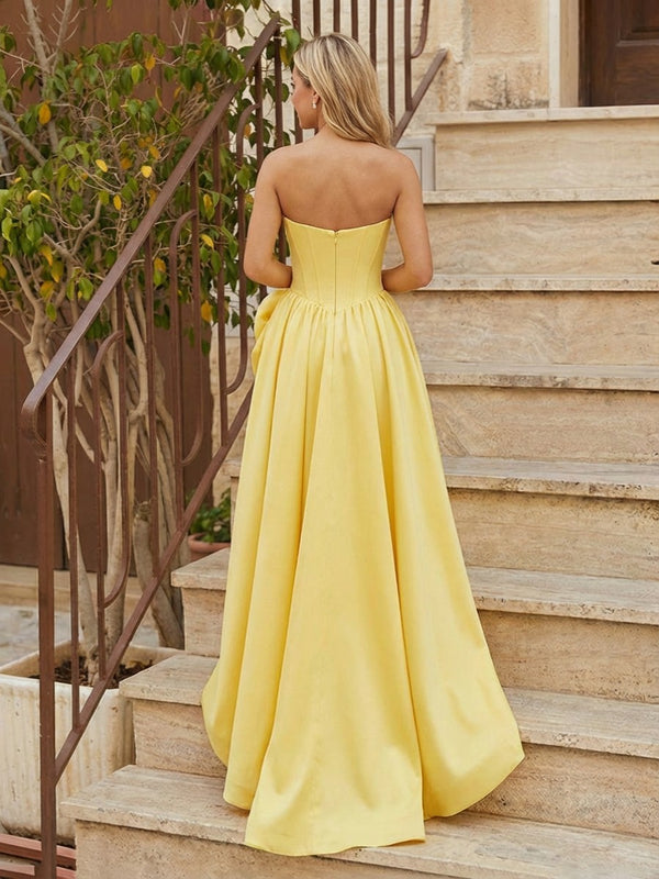 Satin 3D Flowers Pleated A Line Corset Prom Dresses with Slit