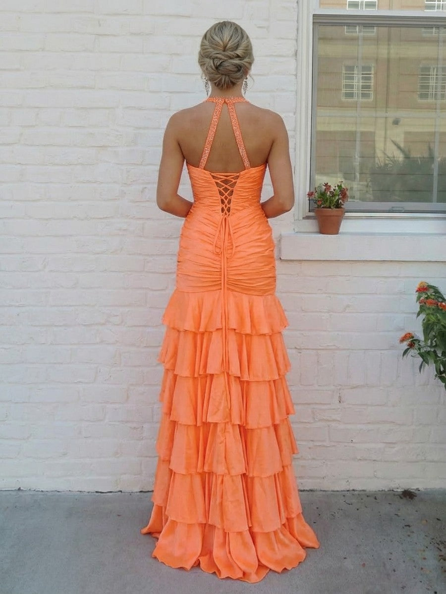 Satin Spaghetti Straps Pleated Mermaid Sparkly Tiered Prom Dresses with Slit