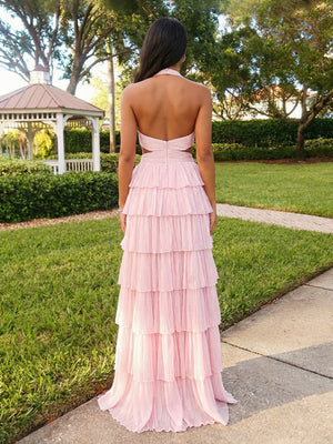 Chiffon Deep V Neck Cut Out Tiered Prom Evening Dresses
