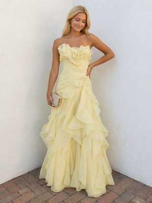 Chiffon Strapless A-Line Ruffles Pleats Prom Dresses with 3D Flower
