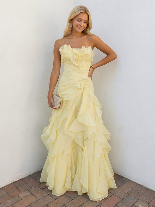 Chiffon Strapless A-Line Ruffles Pleats Prom Dresses with 3D Flower