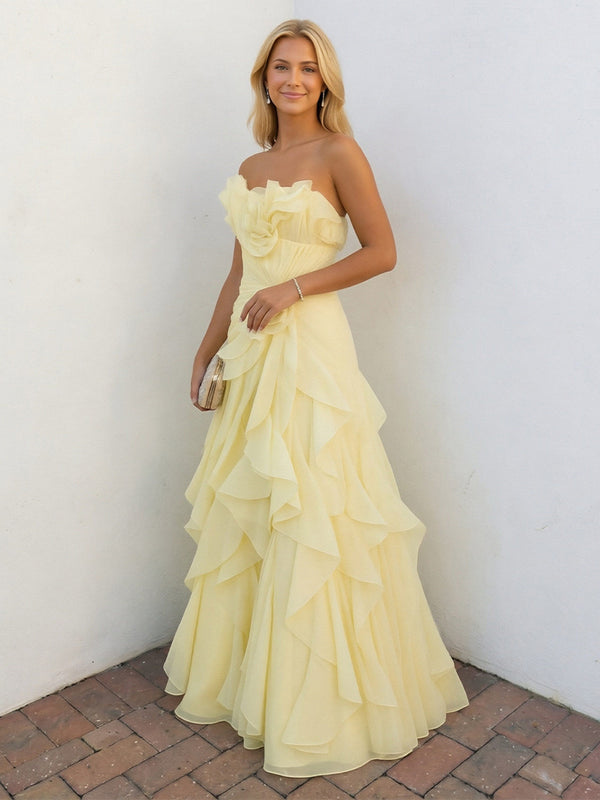 Chiffon Strapless A-Line Ruffles Pleats Prom Dresses with 3D Flower