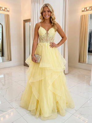 Lace Appliques Spaghetti Straps V Neck A-Line Prom Dresses with Ruffles