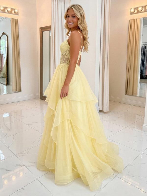 Lace Appliques Spaghetti Straps V Neck A-Line Prom Dresses with Ruffles