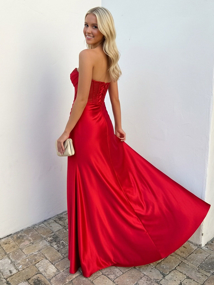 Strapless Mermaid Sweetheart Beaded Prom Dresses with Slit