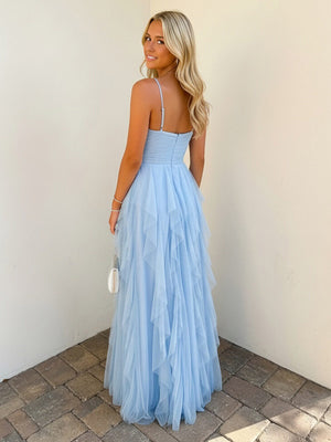 Spaghetti Straps Lace V Neck A-Line Ruffles Prom Dresses Pleats Party Gown