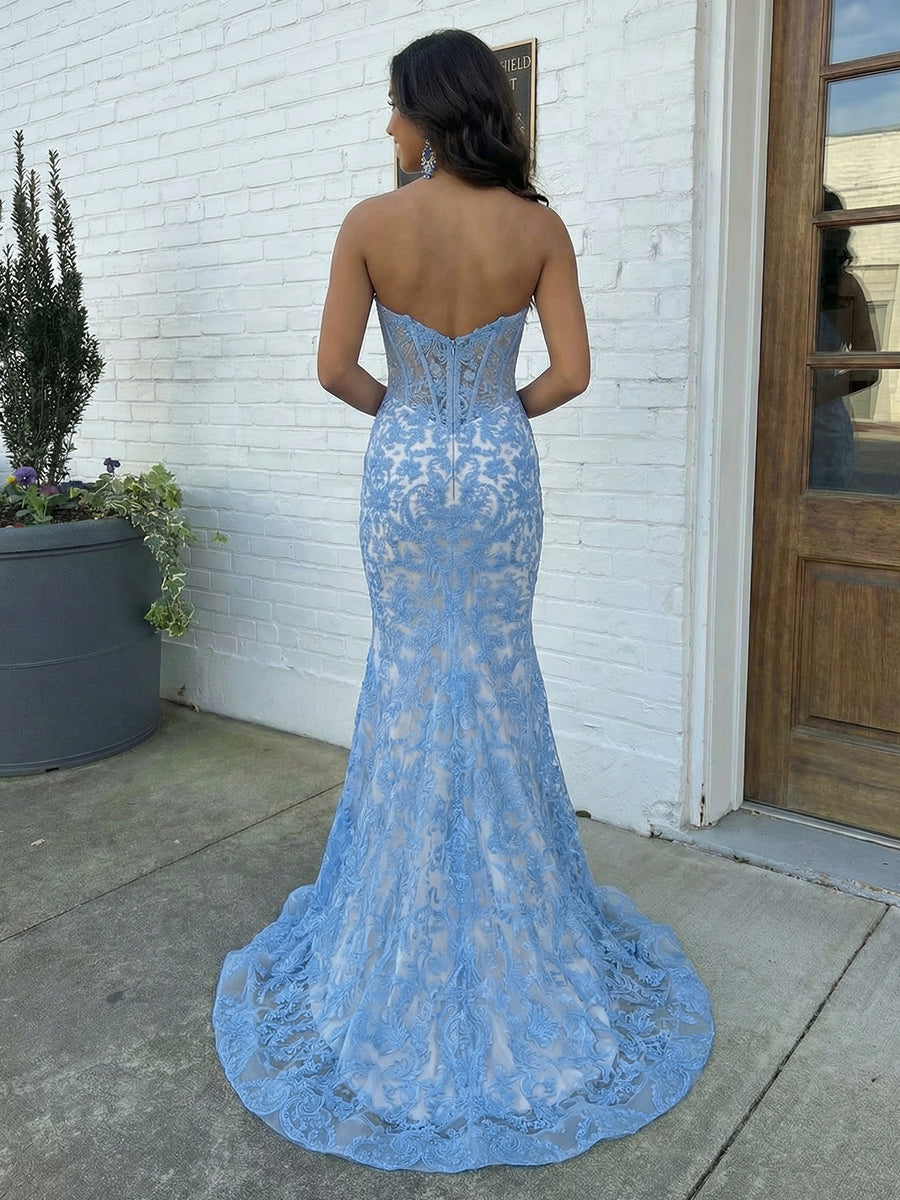 Strapless Lace Appliques Mermaid Backless Prom Dresses Evening Gowns
