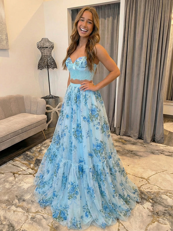 Floral Spaghetti Straps Lace A Line Two Piece Prom Dresses