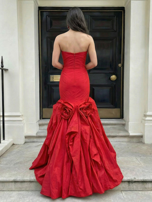 Satin Strapless A Line 3D Flower Ruched Prom Dresses