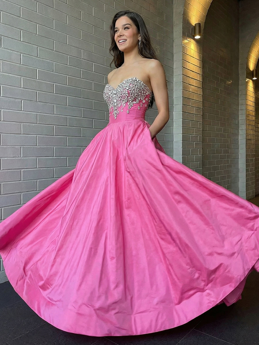 Satin Strapless Sweetheart A Line Sparkly Beaded Prom Dresses