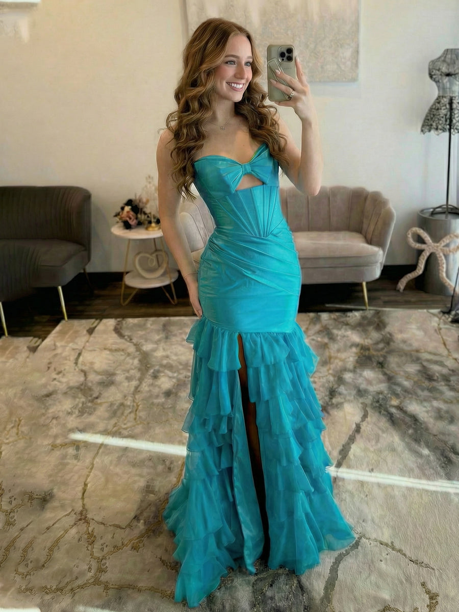 Satin Strapless Sweetheart Mermaid Lace Layered Prom Dresses with Cut Out