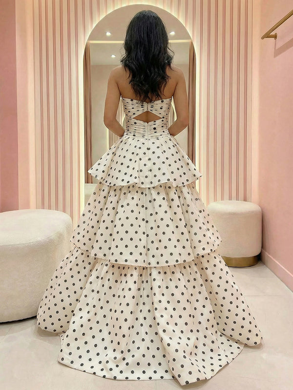 Spotted Satin Strapless Sweetheart A Line Layered Prom Dresses with Bows