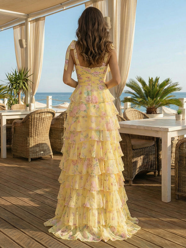 Floral Bow Spaghetti Straps Sweetheart A Line Layered Prom Dresses with Slit