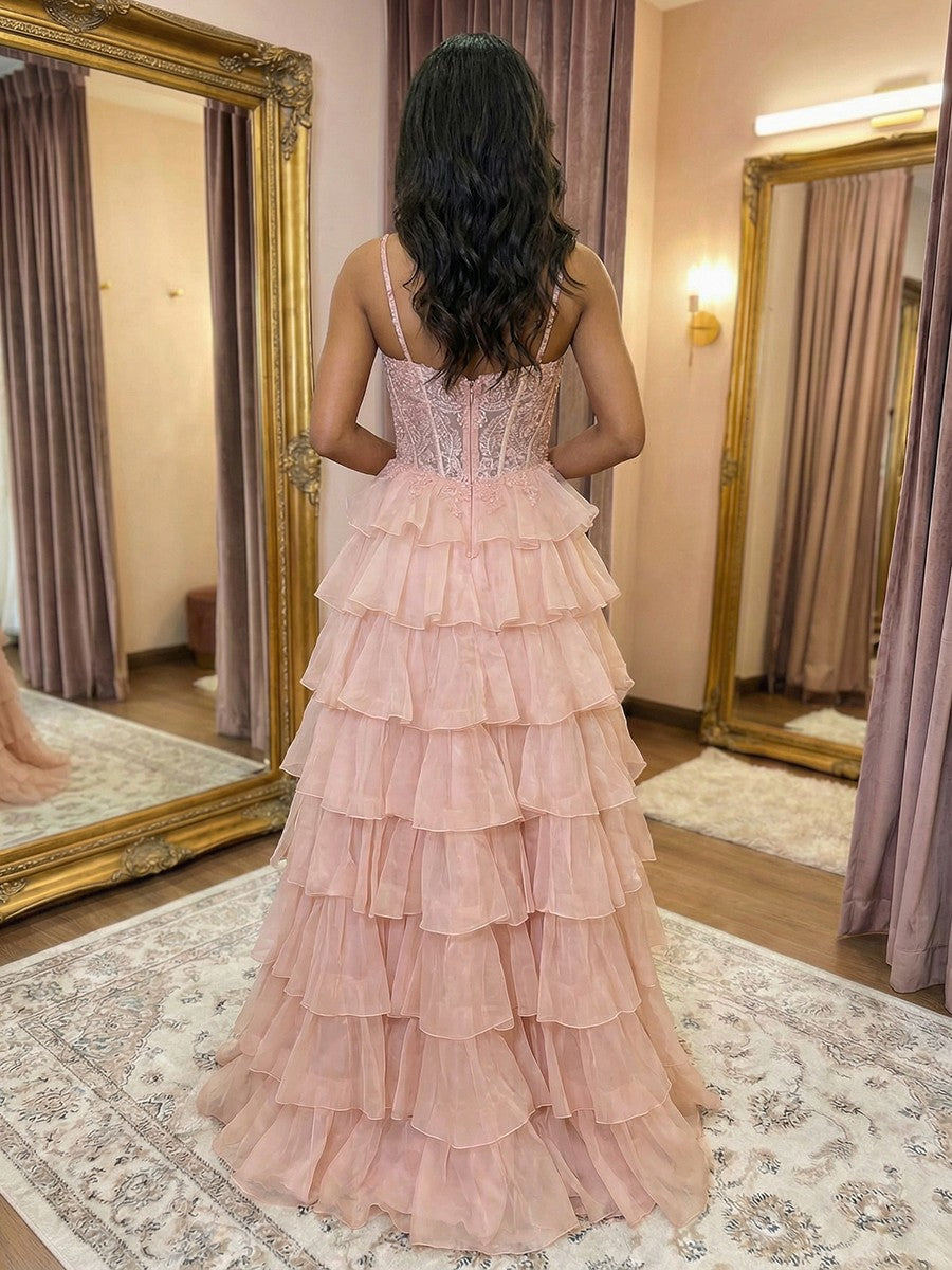 Spaghetti Straps Tiered Cut Out Lace Appliques A Line Prom Dresses with Slit