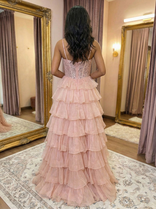 Spaghetti Straps Tiered Cut Out Lace Appliques A Line Prom Dresses with Slit