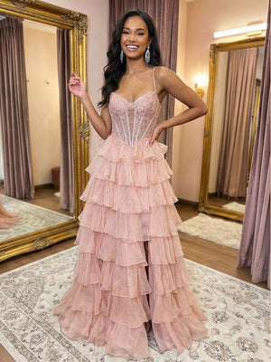 Spaghetti Straps Tiered Cut Out Lace Appliques A Line Prom Dresses with Slit