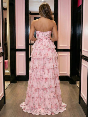 Tulle Tiered Floral Print Cut Out A Line Prom Dresses