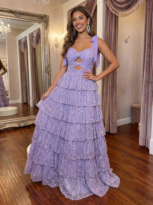 Spaghetti Straps Tiered Floral Print Cut Out A Line Prom Dresses