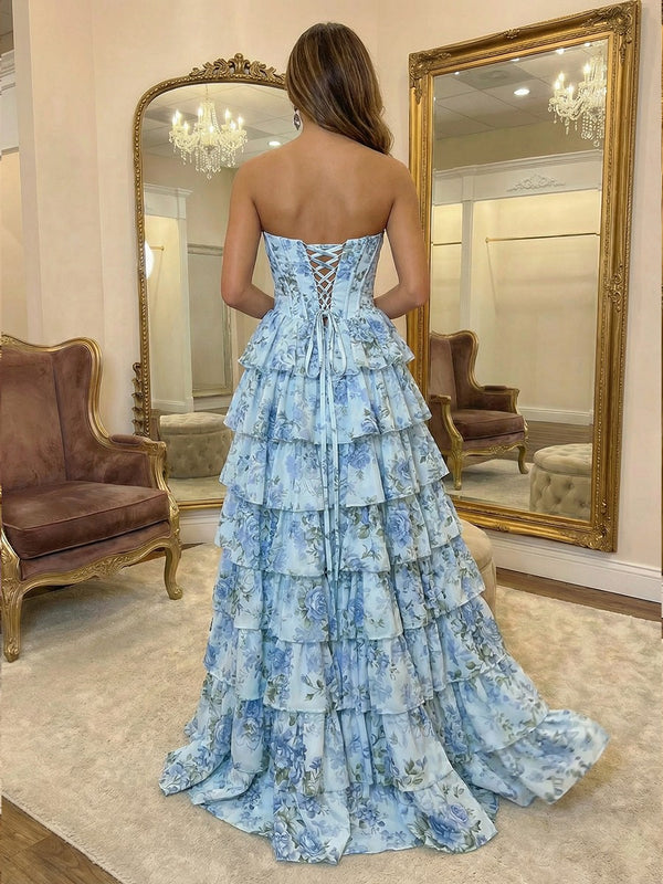 Cowl Neck Tulle Tiered Floral Print A Line Prom Dresses with Slit