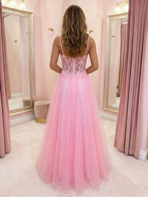Spaghetti Straps V Neck Lace Appliques A Line Prom Dresses