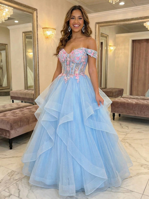 Off the Shoulder V Neck Lace Appliques Tiered A Line Prom Dresses