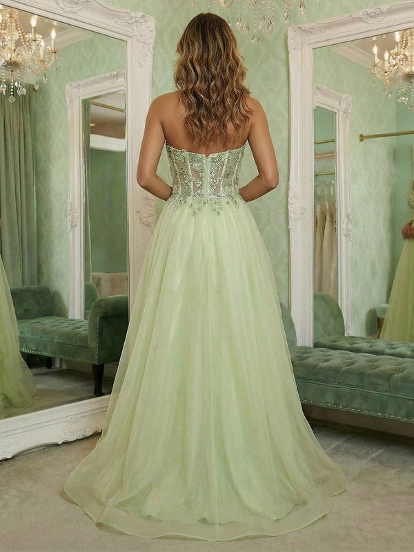 V Neck Lace Appliques Sleeveless A Line Prom Dresses