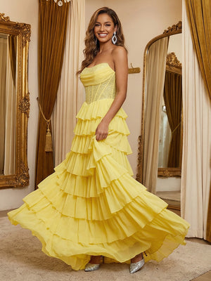 Sparkly Strapless Corset Tiered A Line Prom Dresses