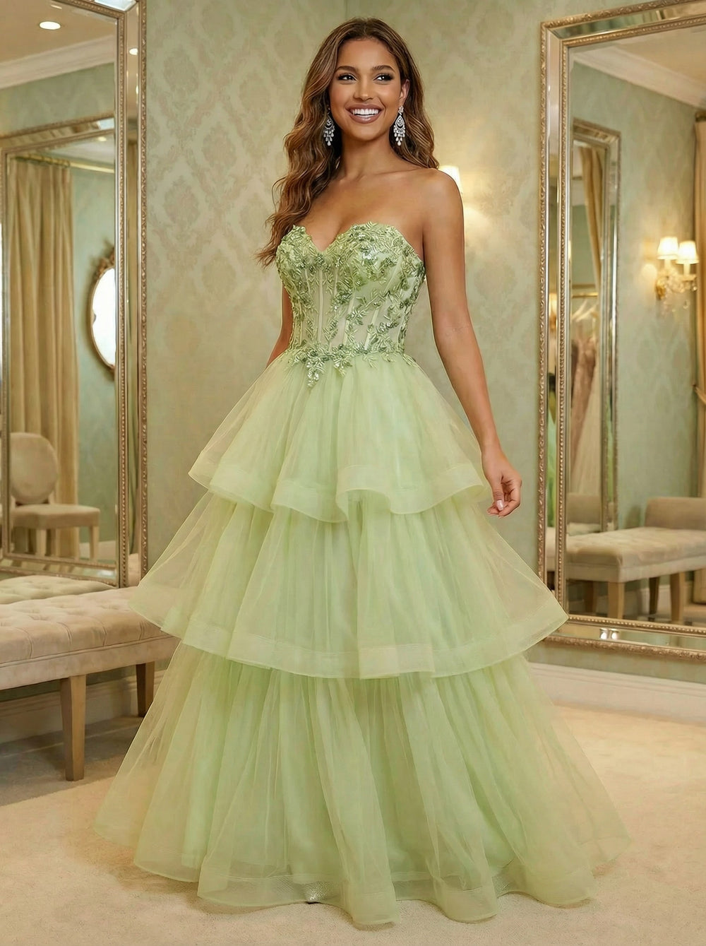 V Neck Lace Appliques Tiered A Line Prom Dresses