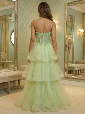 V Neck Lace Appliques Tiered A Line Prom Dresses