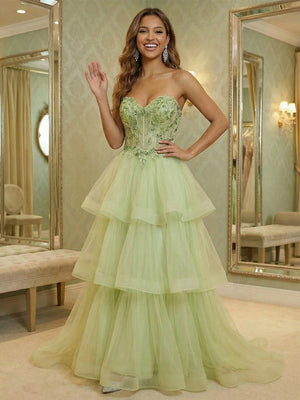 V Neck Lace Appliques Tiered A Line Prom Dresses