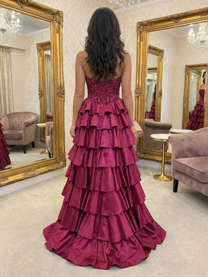 Sparkly Strapless Corset Tiered A Line Prom Dresses with Slit