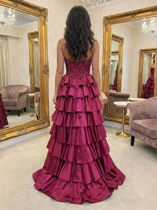 Sparkly Strapless Corset Tiered A Line Prom Dresses with Slit