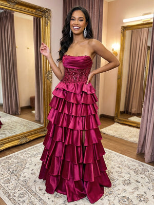 Sparkly Strapless Corset Tiered A Line Prom Dresses with Slit