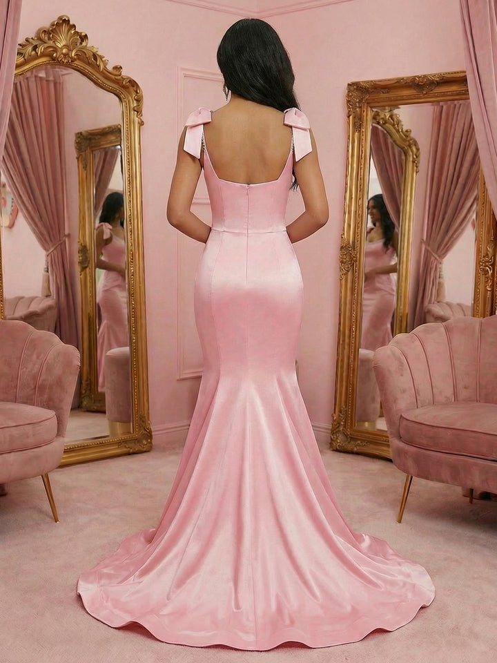 Spaghetti Straps Round Neck Mermaid Satin Sparkly Bow Prom Dresses