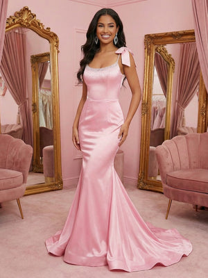 Spaghetti Straps Round Neck Mermaid Satin Sparkly Bow Prom Dresses