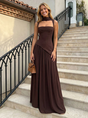 Chiffon Square Neck Pleated Prom Dresses Ruched A-Line Maxi Evening Party Gowns with Scarf