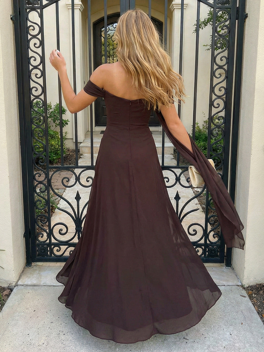 Chiffon Off Shoulder Ruched Prom Dresses Pleated A-Line Maxi Evening Party Gowns