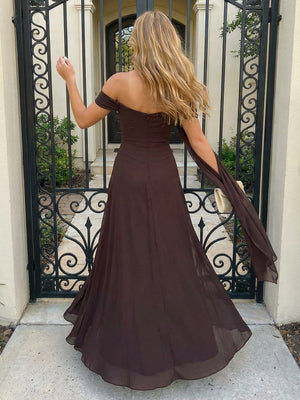 Chiffon Off Shoulder Ruched Prom Dresses Pleated A-Line Maxi Evening Party Gowns