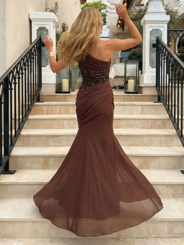 Chiffon One Shoulder Ruched Sequin Corset Prom Dresses Sheath Maxi Evening Party Gowns