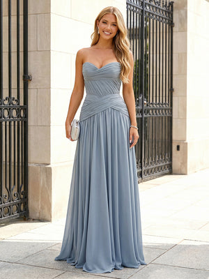 Chiffon Strapless Sweetheart Ruched Prom Dresses Pleated A-Line Maxi Evening Party Gowns