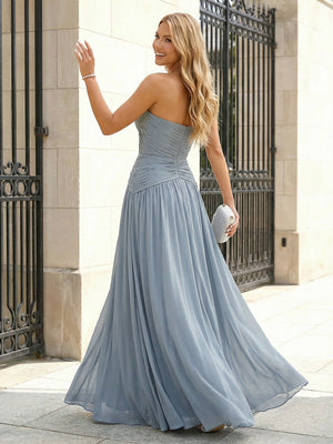 Chiffon Strapless Sweetheart Ruched Prom Dresses Pleated A-Line Maxi Evening Party Gowns