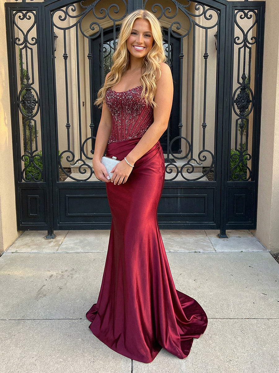 Satin Strapless Ruched Waist Prom Dresses Corset Mermaid Maxi Evening Party Gowns with Beaded