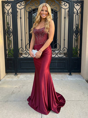 Satin Strapless Ruched Waist Prom Dresses Corset Mermaid Maxi Evening Party Gowns with Beaded